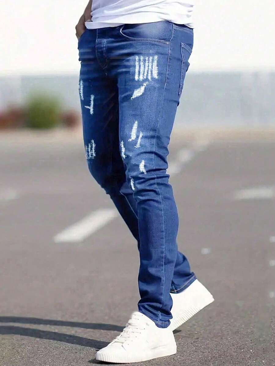 Manfinity Homme Men's Distressed Jeans - Medium Wash - View 1