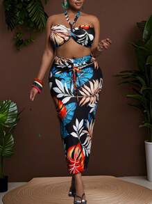 Slaydiva Plus Size Vrouwen Tropische Bloemenprint Halter Hals Tank Top & Getailleerde Rok 2-delige Set, Geschikt Voor Strand Resort