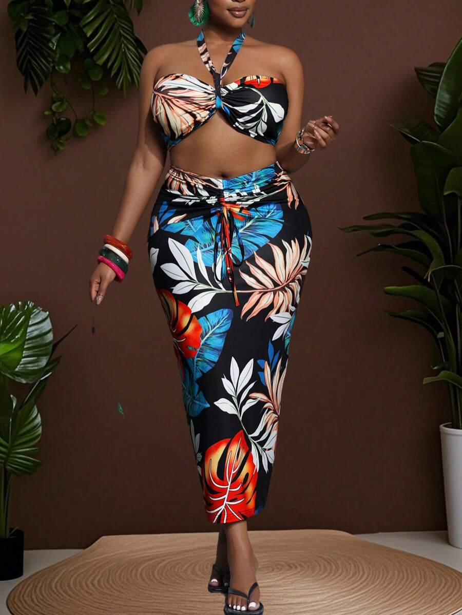 Slaydiva Plus Size Vrouwen Tropische Bloemenprint Halter Hals Tank Top & Getailleerde Rok 2-delige Set, Geschikt Voor Strand Resort