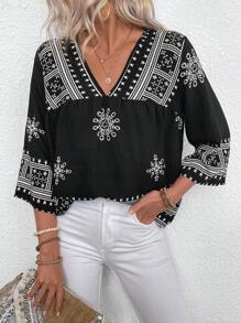 EMERY ROSE Retro Pattern V-Neck Casual Vacation Linen-Blend Shirt - Multicolor - View 8