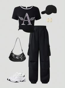 SHEIN Explorewe 少女时尚休闲印花 T 恤和宽松工装裤两件套，春夏和秋季 - 彩色 - 查看 8