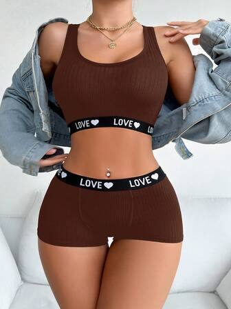 EasyFave Conjunto de roupa íntima feminina casual com estampa de letras e corações em jacquard