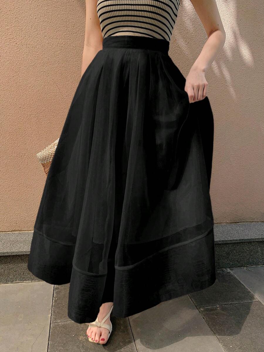 DAZY Women's Mesh Patchwork Puffy Skirt - Black - View 1