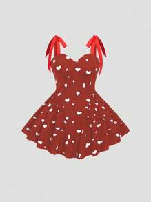 Flirla Valentine's Day Plus Size Heart Tie Shoulder Strap Slip Dress With Rose, Heart, Polka Dot, Love, Lip, Cupid, 60D Floral Print - Red - View 1