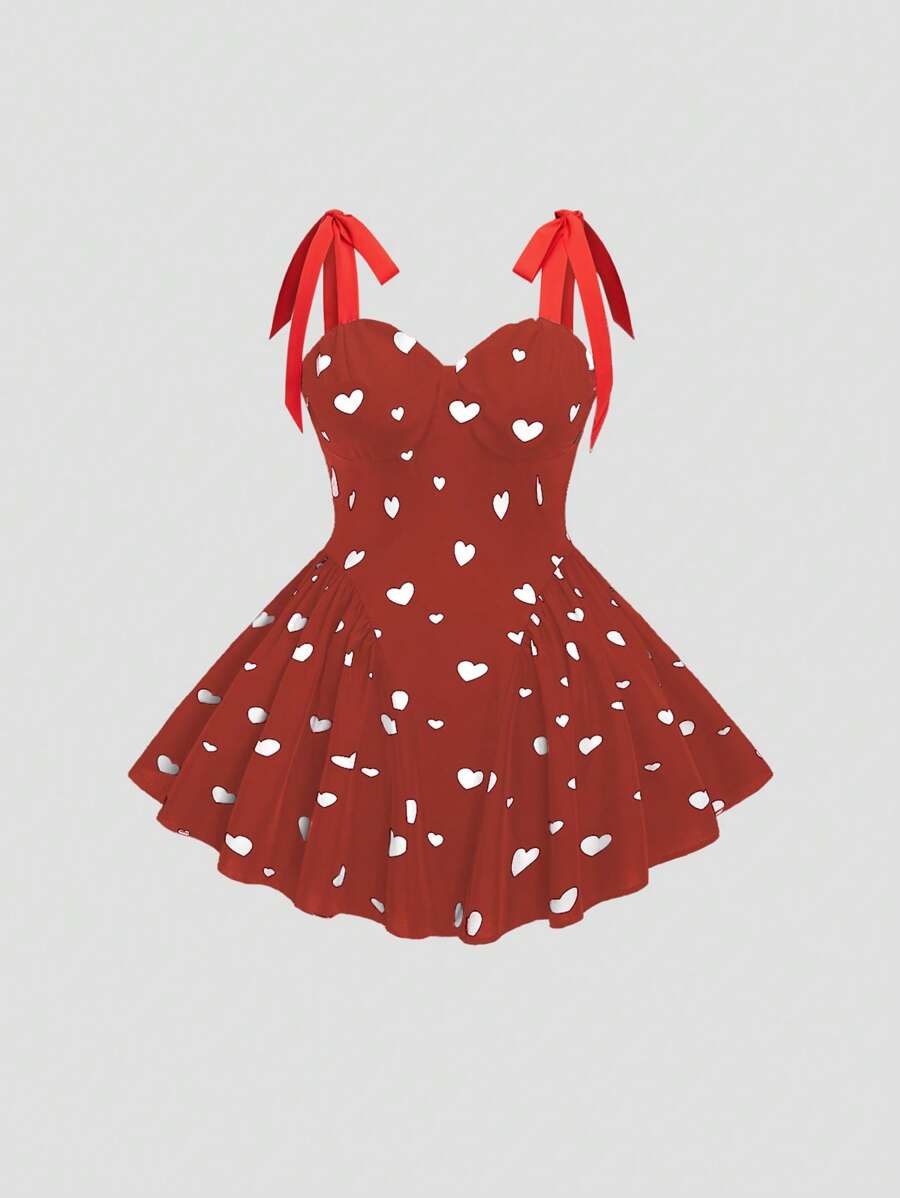 Flirla Valentine's Day Plus Size Heart Tie Shoulder Strap Slip Dress With Rose, Heart, Polka Dot, Love, Lip, Cupid, 60D Floral Print - Red - View 1