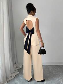 Elenzga 女士优雅通勤套装：常规肩部收腰拼色蝴蝶结拼接仿口袋镂空后背阔腿裤，无袖夹克 - 杏色 - 查看 1