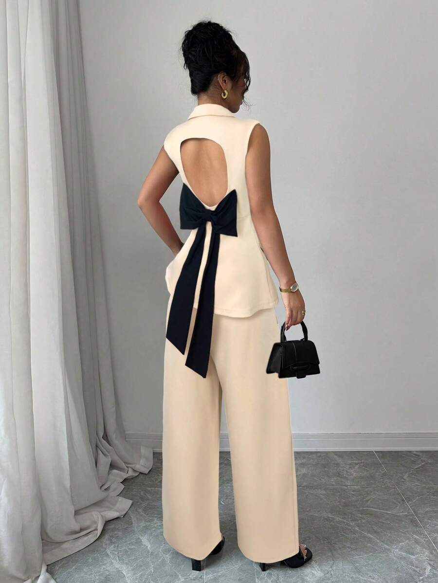 Elenzga 女士优雅通勤套装：常规肩部收腰拼色蝴蝶结拼接仿口袋镂空后背阔腿裤，无袖夹克 - 杏色 - 查看 1