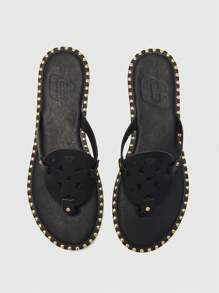 CUCCOO BIZCHIC Punk Style Women PU Leather Round Toe Hollowed-Out Rivet Decor Flat Gladiator Sandals - Black - View 2