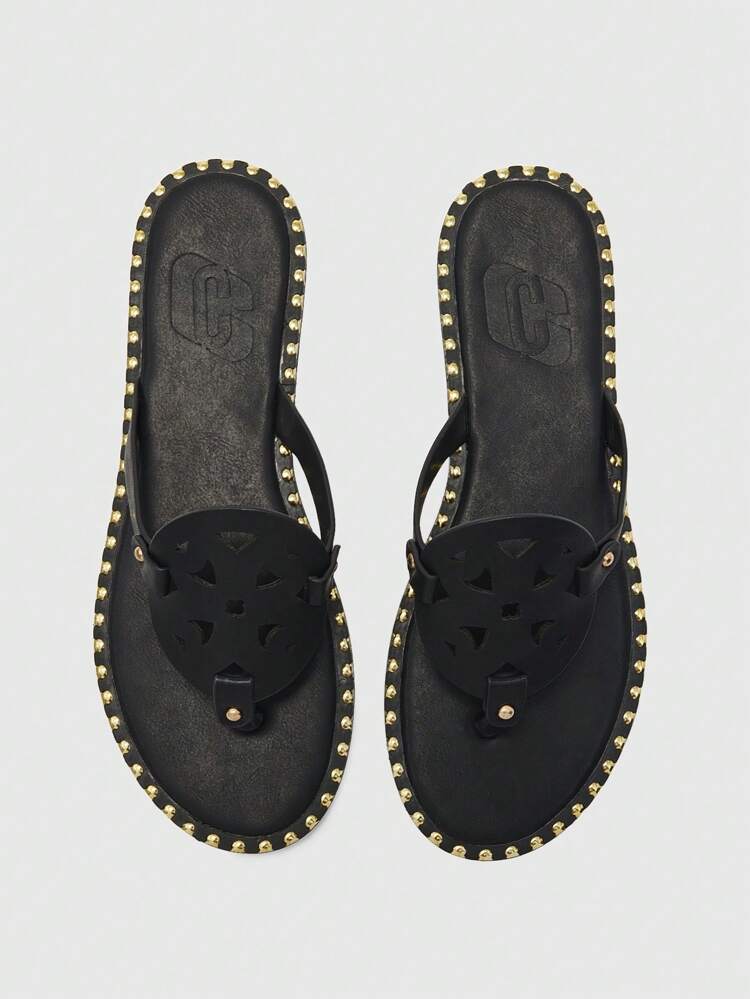 CUCCOO BIZCHIC Punk Style Women PU Leather Round Toe Hollowed-Out Rivet Decor Flat Gladiator Sandals