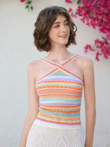 Skyraze Women's Vacation Casual Contrast Stripe Halter Neck Knit Top,Knit Floral Hollow Swimsuit Cover Up,  Summer Beach Vacation - Multicolor - View 3