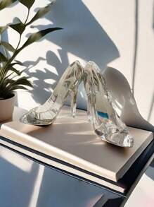 SHEIN 1pc Acrylic Glass Slipper Birthday Gift Home Decoration Crafts High Heels Wedding Figurines Miniature Decorations Party Supplies Decoration - White - View 3
