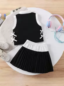 2pcs Young Girl Set - Contrast Color Patchwork Bow Decor Vest And Pleated Mini Skirt - Black and White - View 2