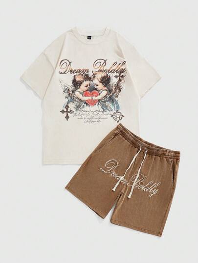 Anime رجالي طقم قطعتين بتصميم ملائكي فينتاج مطبوع عليه شعار وتي شيرت وشورت