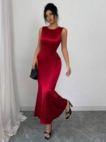 Elenzga Sleeveless Round Neck Lace Hollow Back Bow Mermaid Hem Stretch Satin Fitted Elegant Sexy Dress