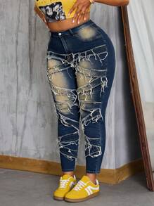 SHEIN SXY Plus Size Vintage Distressed Raw Hem Slim Fit Jeans Autumn Country Concert Festival Autumn