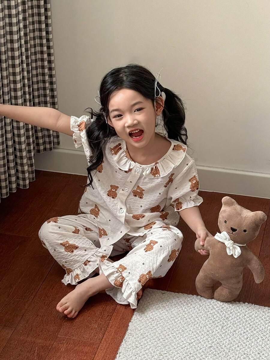 SHEIN Dozemod Young Girl Young Girl Cute Bear Pattern Ruffle Collar Button Up Short Sleeve Pajama Set, 2pcs - Brown - View 1