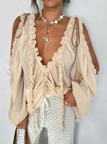 Aloruh Blusa bohemia de mujer en gasa de color albaricoque con cuello en V profundo con volantes y terciopelo