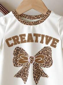 SHEIN Leap Crew 年轻女孩休闲豹纹蝴蝶结印花圆领短袖 T 恤，适合夏季