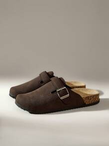 Women's Fashion Thick Bottom Slip-On Sliders With Round Toe And Square Buckle For Christmas - Coffee Brown - View 2