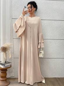 Yasmyna 2pcs Women Elegant Solid Pleated Flare Sleeve Dress & Jacket Set Pleated Dresses For Women - Apricot - View 3