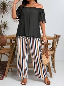 Plus Size Women Solid Color Off Shoulder Ruffle Short Sleeve Tassel Design Shirt And Striped Pants Casual 2 Pieces Set