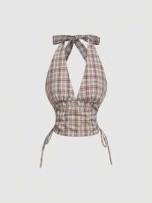 SHEIN MOD Women's Plaid Halter Neck Crop Top: Brown And Blue Woven Fabric Tie Back Casual Summer Camisole - Coffee Brown - View 1