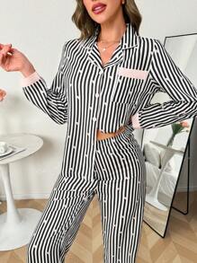 Striped Heart Collar Long Sleeve Pajama Set With Long Pants, Fall Winter Clothes Cozy And Elegant Details - Multicolor - View 4