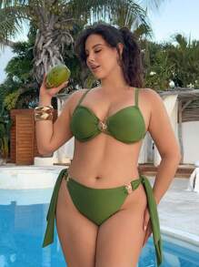 SHEIN Swim Curve Plus Size 2pcs Solid Color Metal Starfish Decor Adjustable Side Strap Sexy Women Summer Bikini Set - Green - View 5