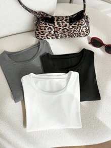 SHEIN EZwear Set de 3 camisetas básicas de manga corta y cuello redondo en tallas grandes de colores variados - Multicolor - Ver 5