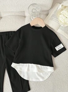 SHEIN Babygirl 可爱针织拼接拼色长袖上衣和松紧腰裤套装，春夏 - 黑色 - 查看 6