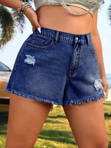 SHEIN ICON 大码休闲水洗做旧磨边牛仔短裤