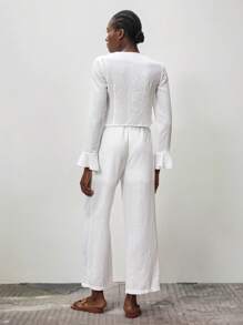 Lumivelle Women's Ruffle Trim Bell Sleeve Casual 2 Pieces Set - White - View 2