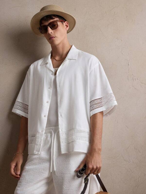 AKNOTIC Men's White Woven Vacation Party Casual Loose Short Sleeve Mesh Patchwork Design Shirt, Suitable For Summer, Daily Wear, Parties, Couple Matching, Men's Gift, Beachwear