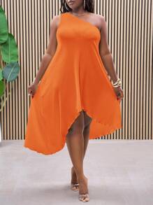 Slaydiva Plus Size Elegant Solid Color Asymmetric Hem Dress - Orange - View 6