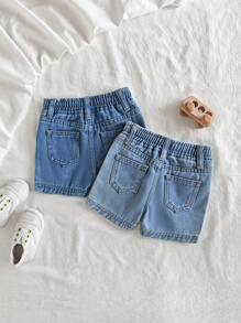 2 pièces SET DENIM DÉCHIRÉ pour garçon bébé CASUAL SIMPLE INDISPENSABLE EN DENIM. Short en jean avec taille élastique complète et détail de décoration à cordon de serrage, avec poches avant et poches plates à l'arrière.
