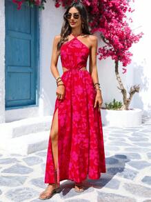 Vivid Eden Vestido Longo Floral com Cintura Vazada e Sem Mangas para Verão, para Férias