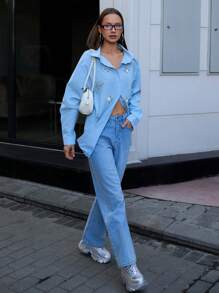 SHEIN Cottnline Rhinestone Patched Roll Tab Sleeve Shirt - Blue - View 6