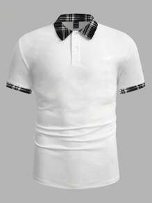 Manfinity VCAY Men's Casual Knit Patchwork Woven Check Short Sleeve POLO Shirt, Suitable For Everyday Wear - White - View 3