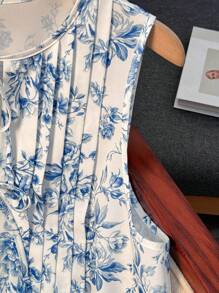 Breezaya Random Print Women's Pleated Hem Floral Pattern Shirt - Blue and White - View 4