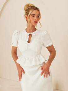 Glamine Hollow Out Lace-Up Puff Sleeve Ruffle Hem Women Short Sleeve Blouse, Spring/Summer Ladies Wear - White - View 4