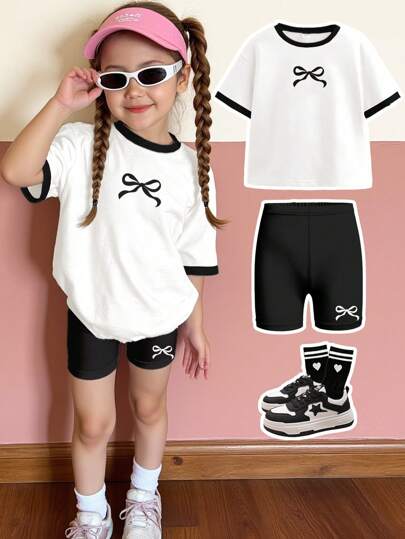 SHEIN Leap Crew 2pcs/Set Young Girl Casual Minimalist Black & White Bowknot Decor Short Sleeve Loose T-Shirt And Shorts Set, Summer