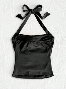 Soleia 女式黑色针织纯色修身挂脖式腰部收褶无袖上衣，配白色撞色花卉贴花