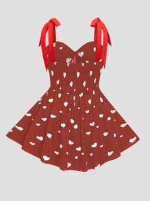 Flirla Valentine's Day Plus Size Heart Tie Shoulder Strap Slip Dress With Rose, Heart, Polka Dot, Love, Lip, Cupid, 60D Floral Print - Red - View 2