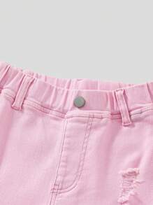 Tween Girl Y2K URBAN STREET COOL Tween Girl 浅粉色粗棉喇叭牛仔裤，全弹性腰带和双层原始下摆，背面有扁平口袋，带破洞细节。且柔软。