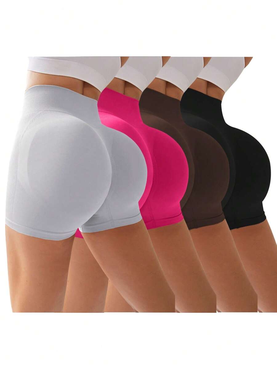 Easithlete 4 PCS Women's Solid Color High-Waisted Everyday Workout ShortsWomen Sweat Short, Gym Short, Biker Short,Easithlete Simple Solid Color High Waist Seamless Sports Shorts Biker Shorts - Multicolor - View 1