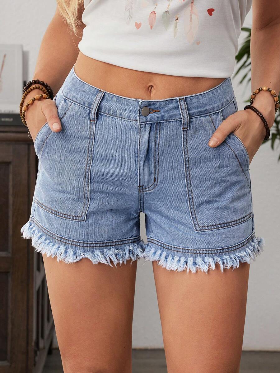 Breezaya Women's Casual Frayed Hem Denim Shorts: Light Wash, Zipper Detail, And Short Length For Everyday Style - Blue - View 1