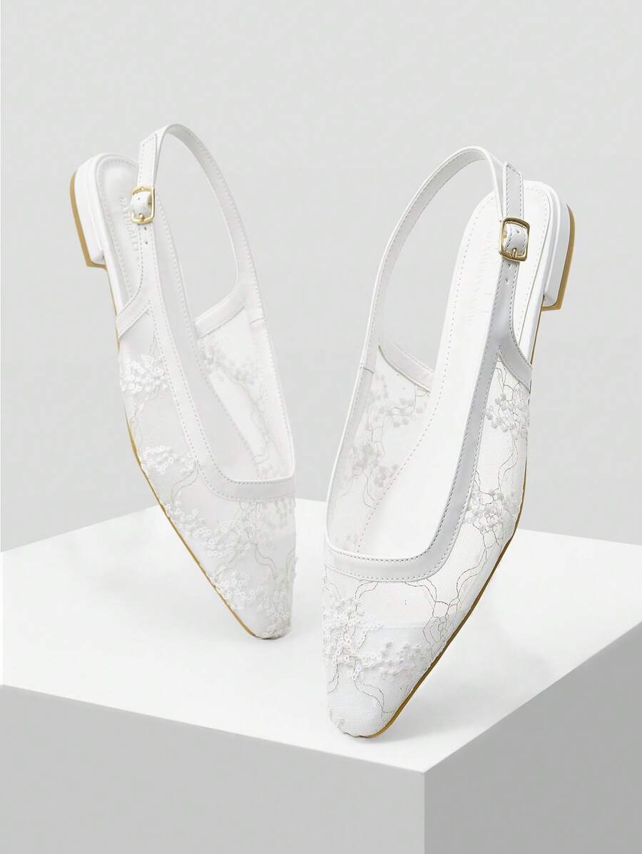 MOTF PREMIUM CONTRAST LACE SQUARE TOE FLATS - White - View 1