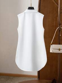Chiquease Women's White Sleeveless Woven Blouse With Shirt Collar, Split Hem Detail, And Semi-Sheer Casual Style