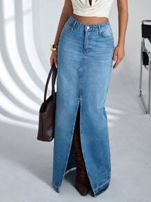 CasuGlow Women'S Denim High Slit Skirt - Light Wash - View 7