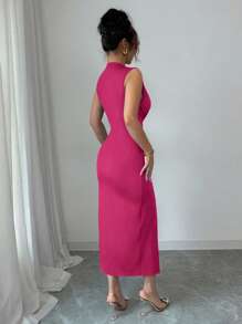 Rafferiza Elegant Sleeveless Blue Deep V-Neck Draped Hem Split Spring/Summer Women Dress - Hot Pink - View 2